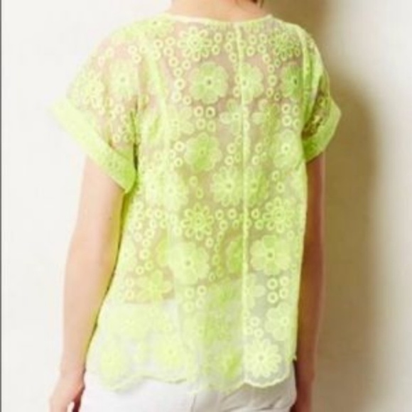 Anthro Meadow Rue Neon Embroidered Top Neon Sheer - Picture 5 of 9